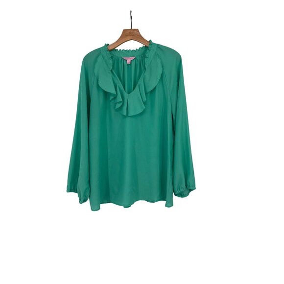 Lilly Pulitzer Womens Ruffled Neck Blouse Size Large Green long sleeve - Picture 1 of 4